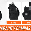 Black heavy-duty electrician tool bag shown in side, back, and internal structure views.