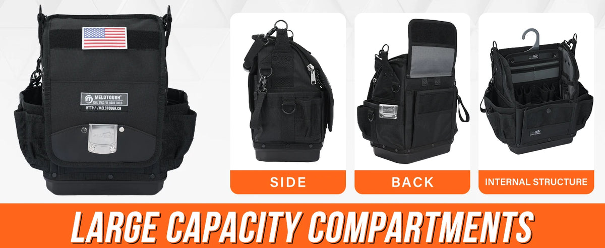 Black heavy-duty electrician tool bag shown in side, back, and internal structure views.