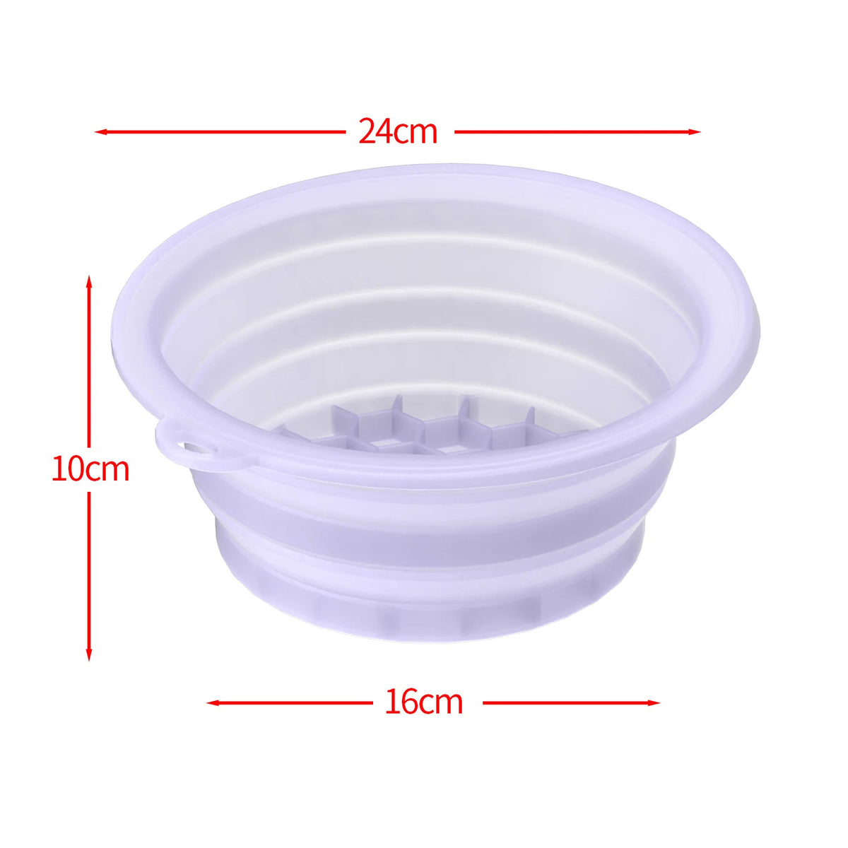 A white foldable silicone ice face mask bowl with a built-in tray shown with dimension lines.