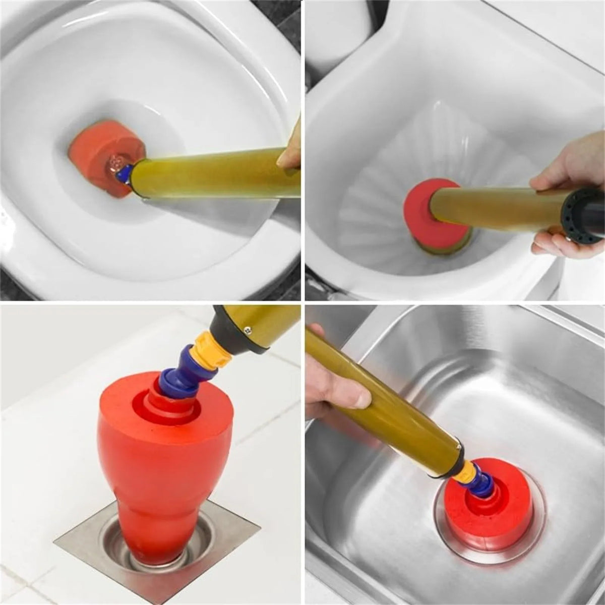 A high-pressure toilet plunger with a pneumatic pump shown in various angles and contexts for cleaning.