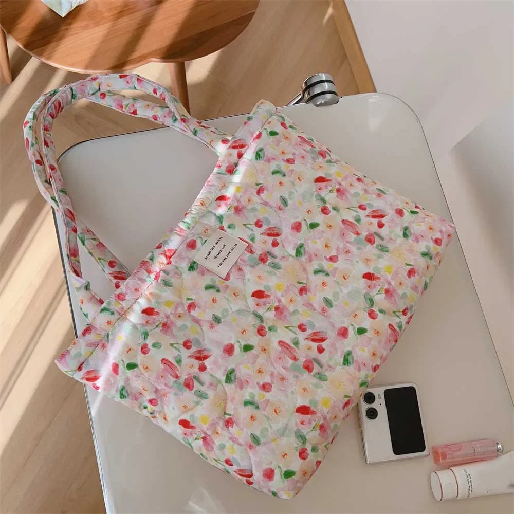 Quilted Floral Cotton Tote Bag with Padded Handle