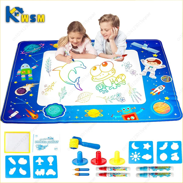 A reusable water drawing mat for kids featuring a family drawing on it and various art tools.