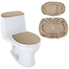 A white toilet with a beige stretchable seat cover and tank cover shown next to the individual covers.