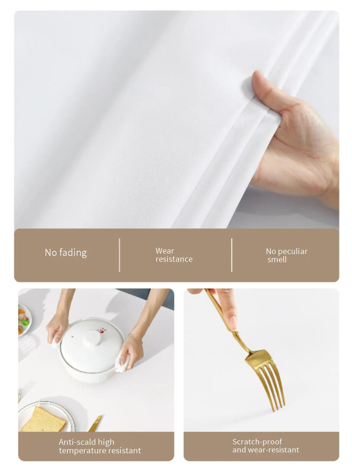 A white fabric is shown being pressed, with features like no fading, wear resistance, and no peculiar smell highlighted.