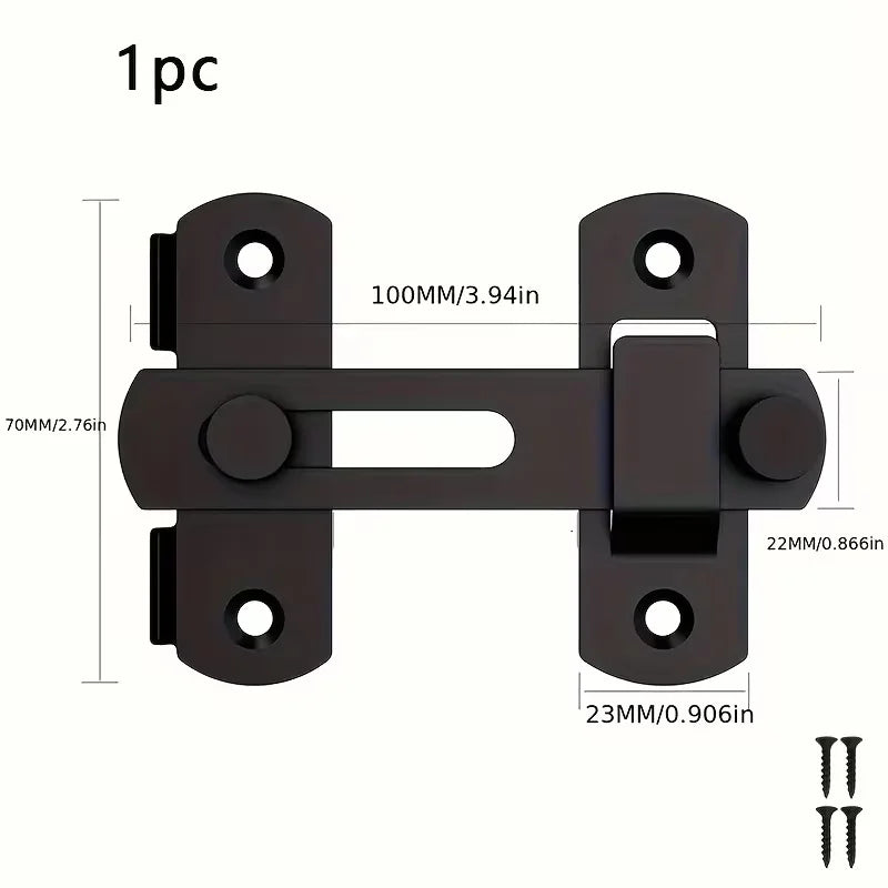 A black stainless steel flip barn door lock with mounting plates and keys.