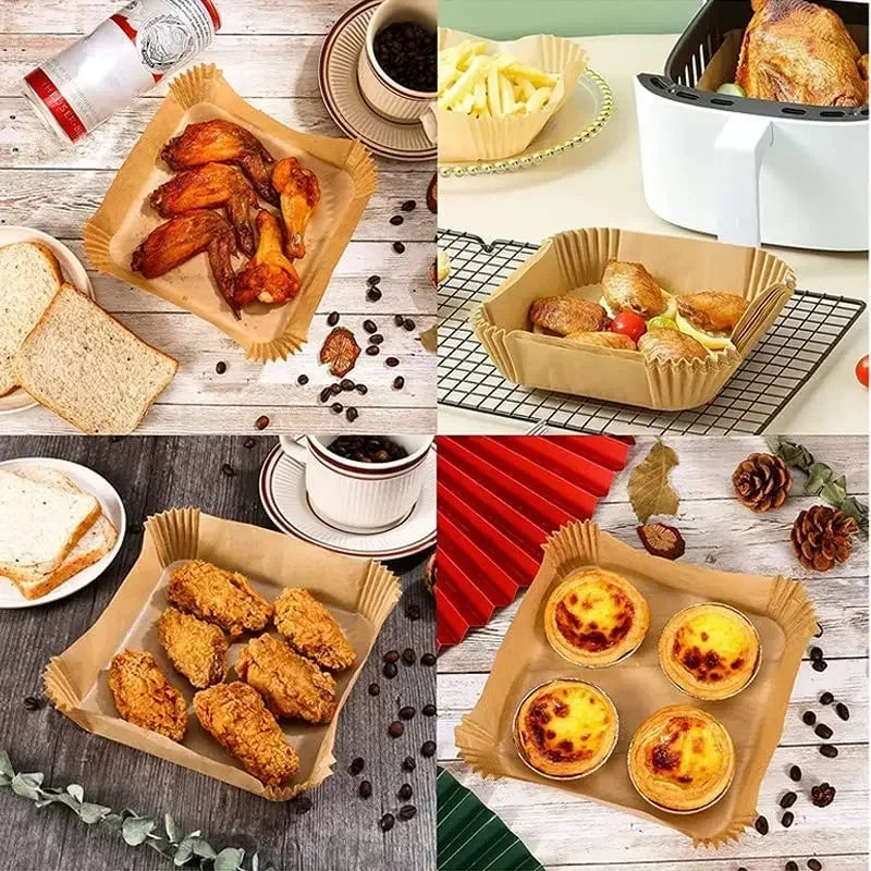 Various food items like chicken wings, fried pieces, and pastries are displayed on disposable air fryer parchment paper liner
