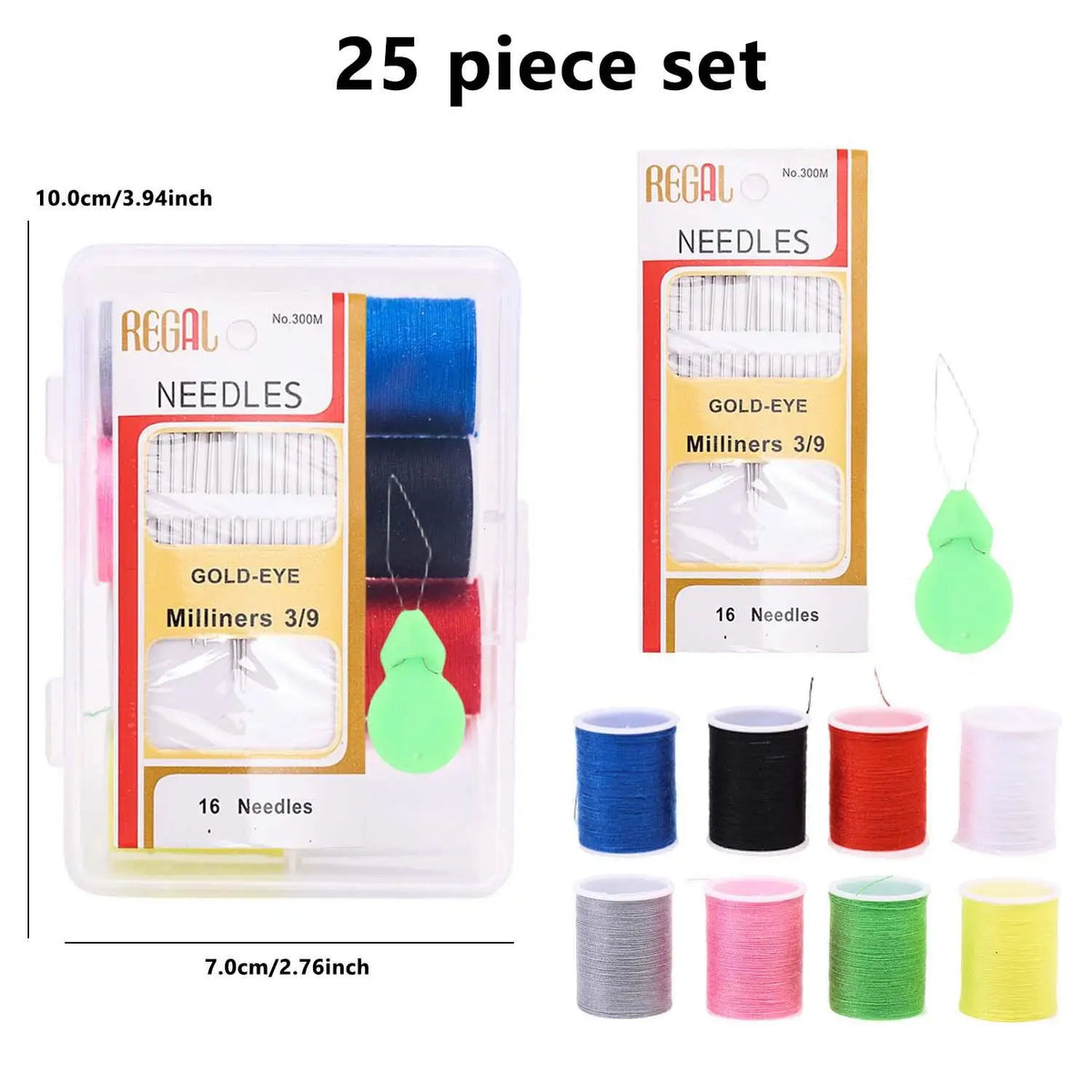 A 25 piece set of sewing needles including gold-eye and milliners for various fabrics.