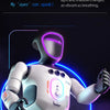 A white robot with glowing purple accents is shown against a dark background.