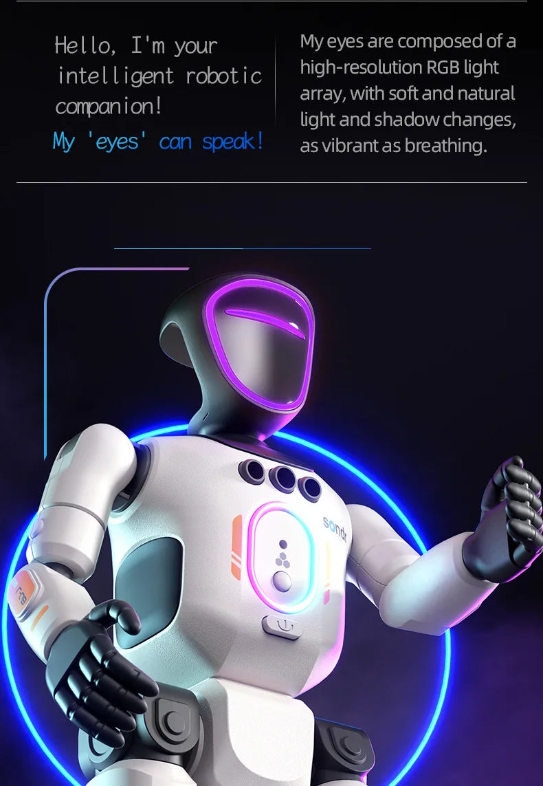 A white robot with glowing purple accents is shown against a dark background.