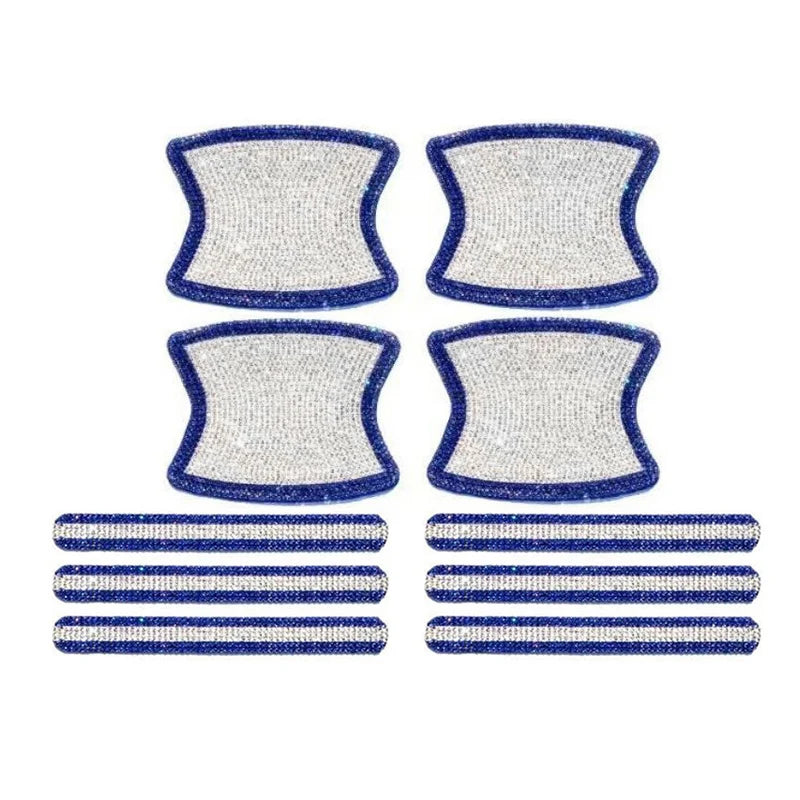 Set of car door handle scratch protection stickers in blue and silver.