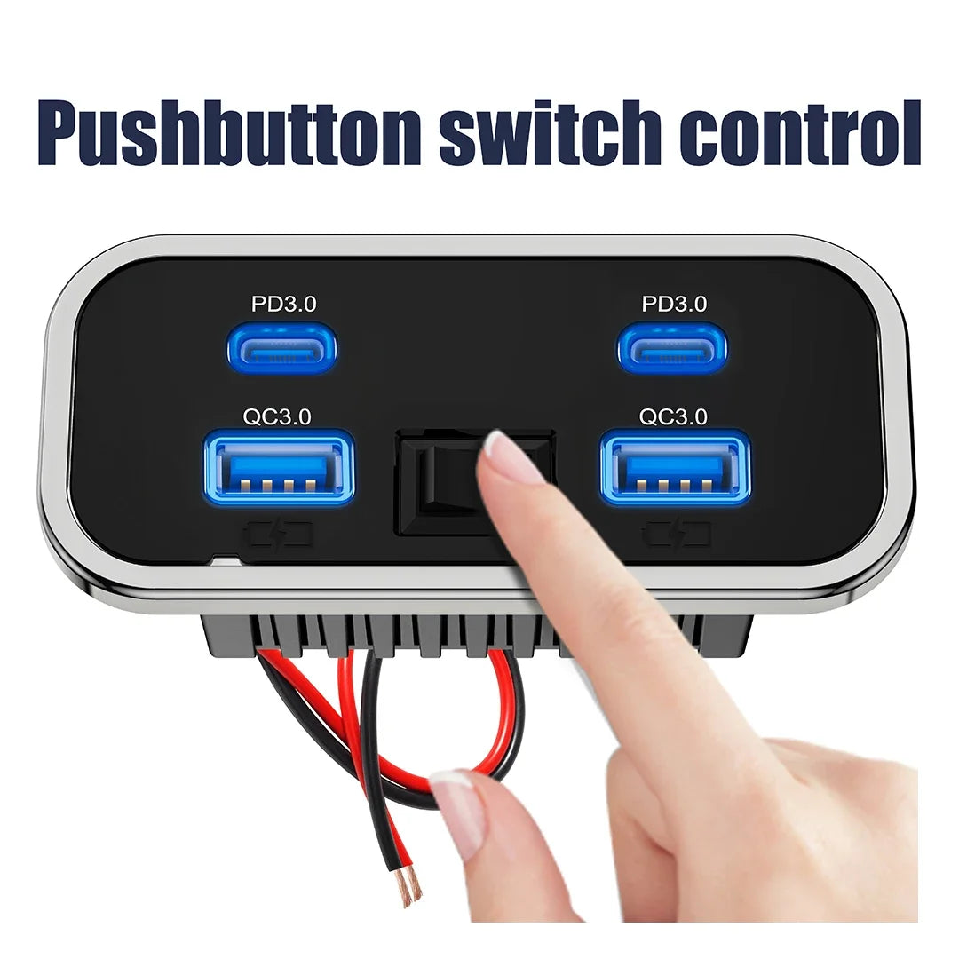 A hand presses a push button switch control on a black power outlet featuring four USB ports for PD 3.0 and QC 3.0 fast charg