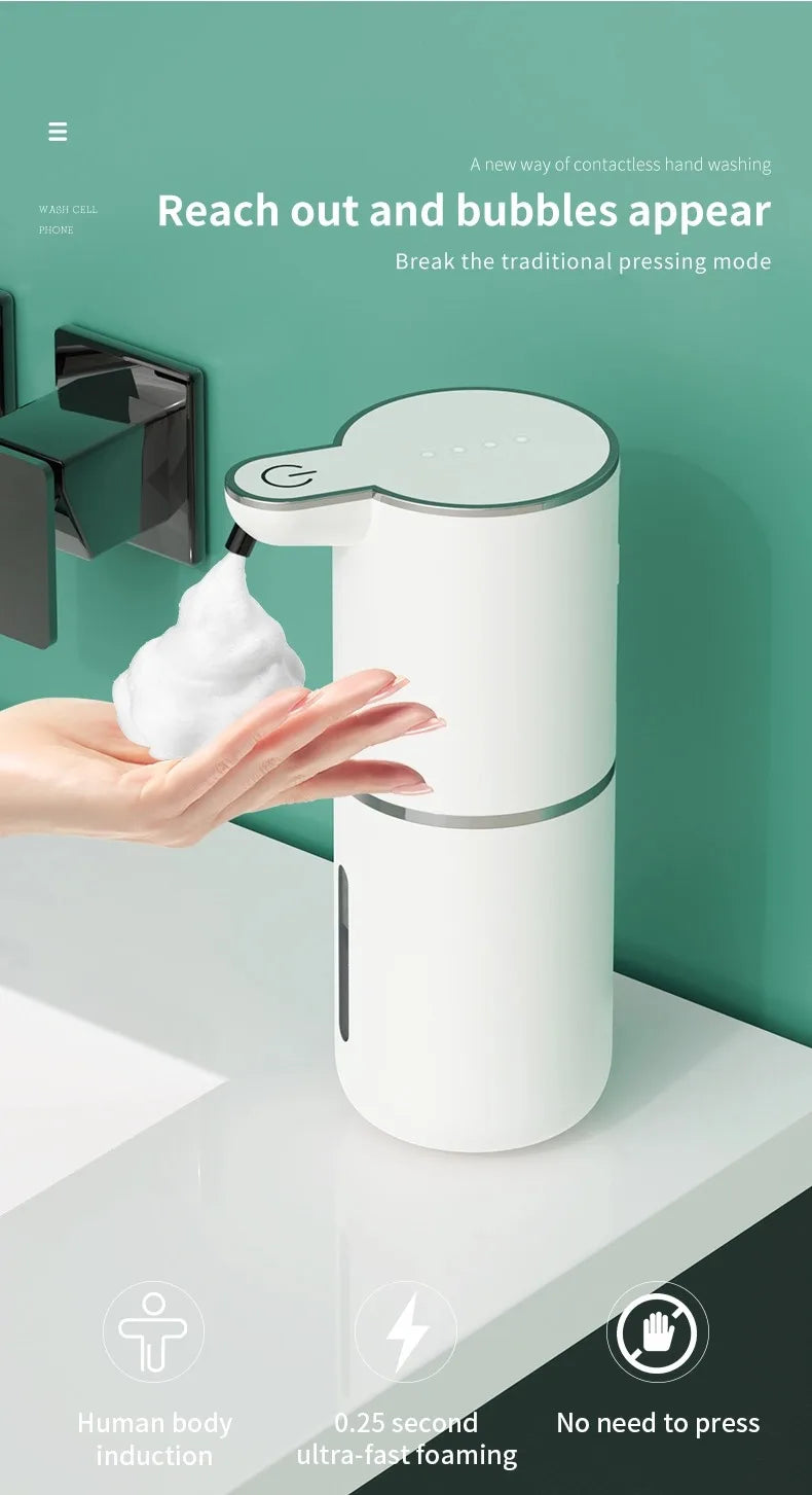 A white touchless automatic soap dispenser is shown with a hand applying soap, demonstrating ultra-fast foaming.