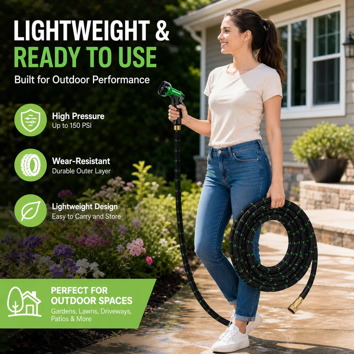 A woman is using a lightweight, durable garden hose for outdoor cleaning tasks.
