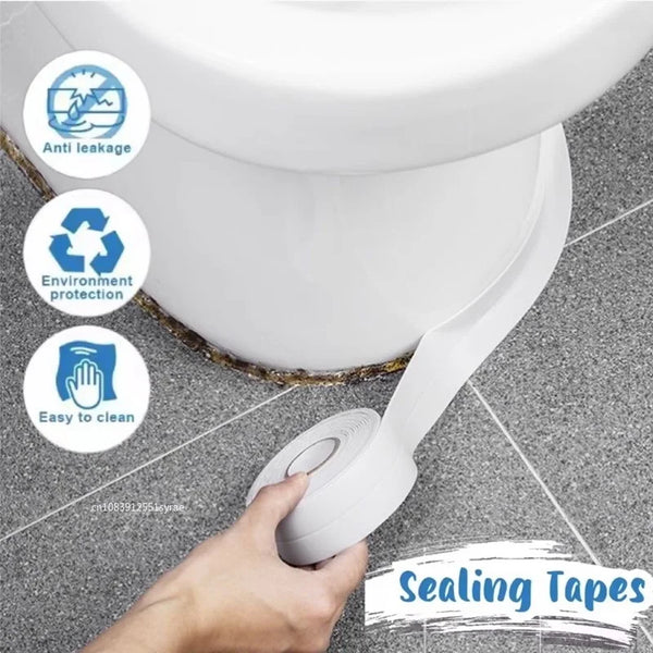 A hand is applying white sealing tape around the base of a white ceramic sink or fixture.