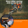A motorcycle rider performs a jump on an orange and blue dirt bike, with a close-up of the aluminum clutch and brake lever se