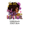 A graphic design featuring text 'She Got Mad Hustle and a dope soul' in vibrant colors and a portrait of a woman with curly h