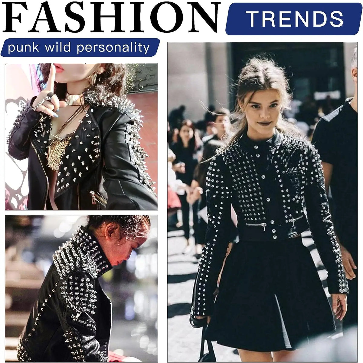 A model wearing a black leather jacket adorned with silver cone studs and spikes, paired with a black skirt.