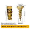 A brass heavy-duty self-tapping wall anchor shown with dimensions and a drill bit size reference.