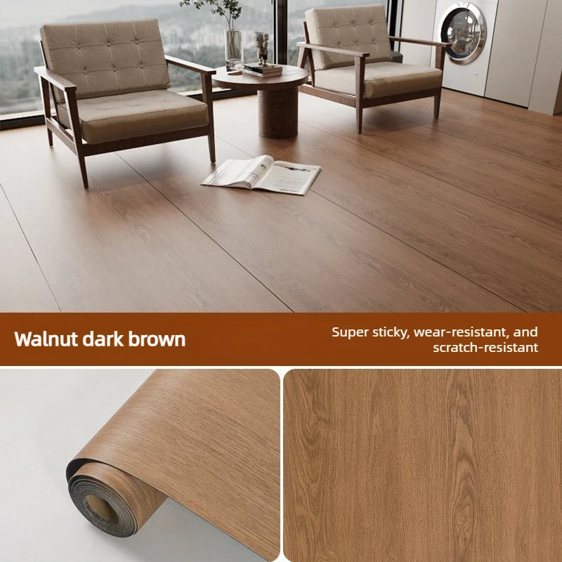Walnut dark brown wood grain flooring planks and a roll of self-adhesive floor stickers.