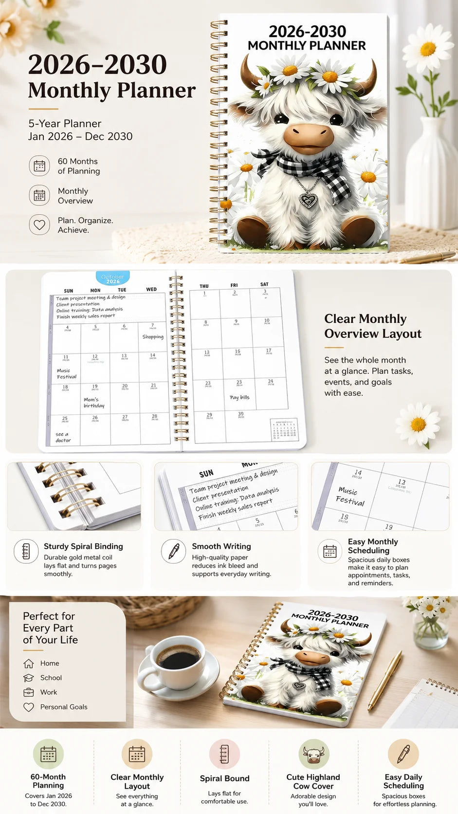 5-Year Monthly Planner with Highland Cow Cover (2026–2030)