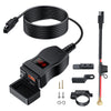 Black motorcycle USB charger with voltmeter and multiple cables and adapters