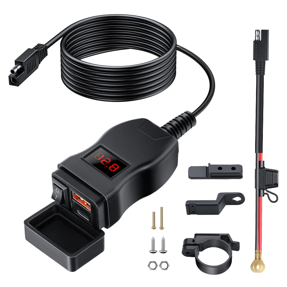 Black motorcycle USB charger with voltmeter and multiple cables and adapters