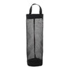Black mesh wall-mounted plastic bag dispenser and organizer.