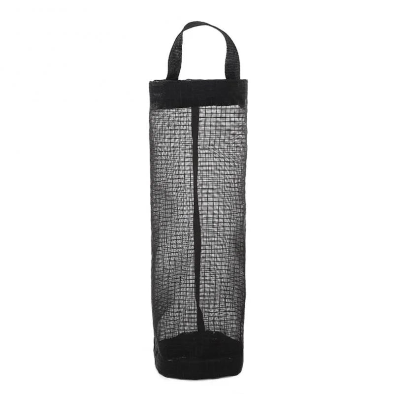 Black mesh wall-mounted plastic bag dispenser and organizer.