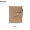 A tan or khaki colored compact RFID-blocking bi-fold wallet.
