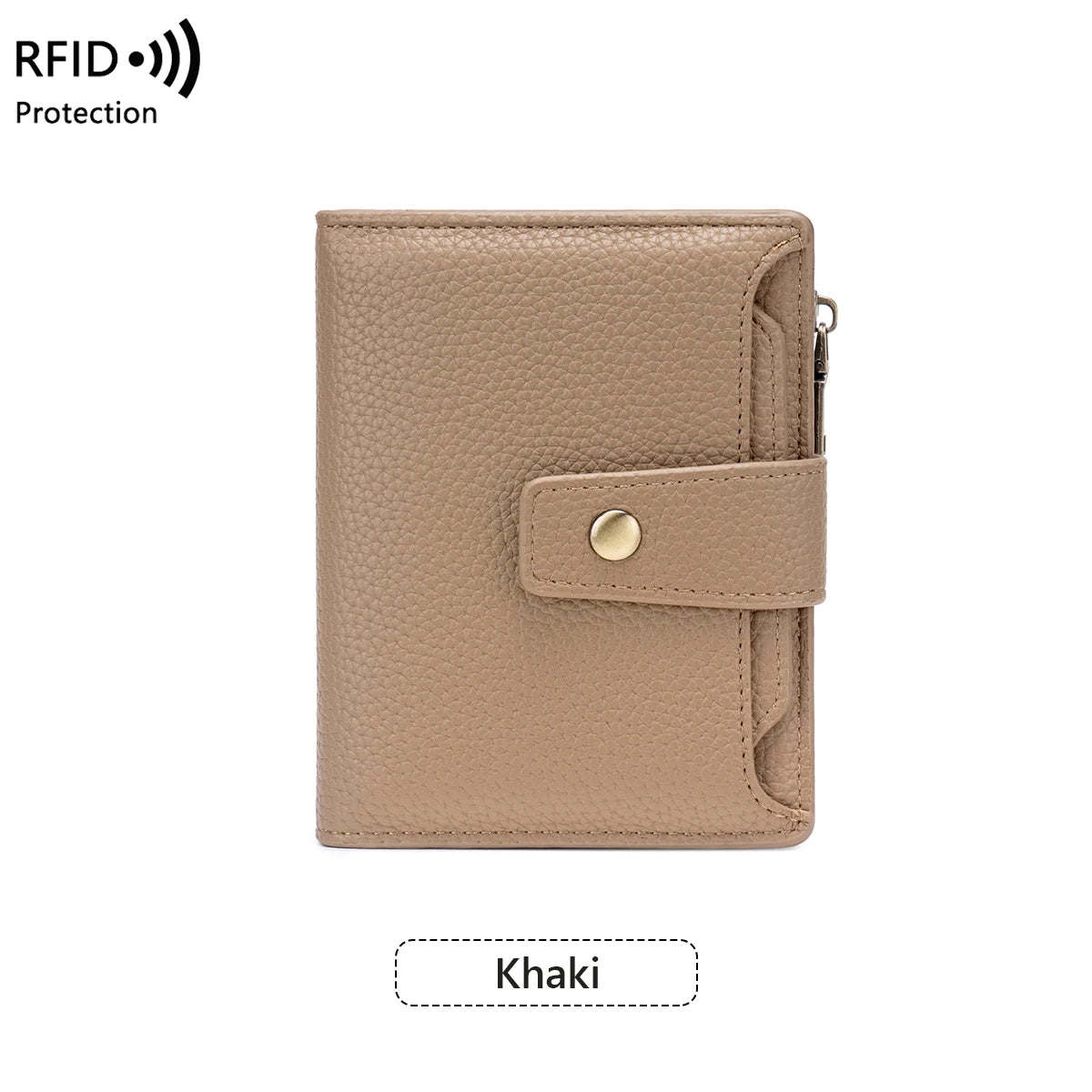 A tan or khaki colored compact RFID-blocking bi-fold wallet.