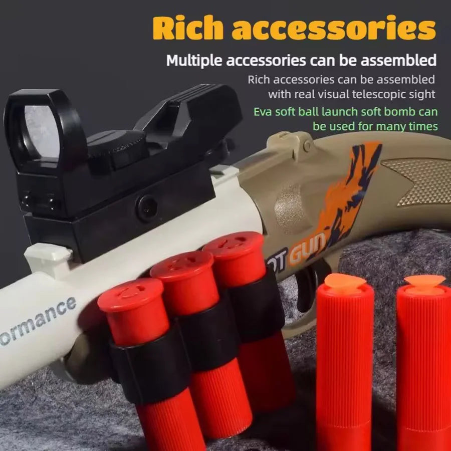 A toy gun is shown with various colorful ammunition and accessories, including a scope and soft bullets.