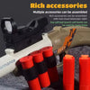 A toy gun is shown with various colorful ammunition cartridges and a tactical scope accessory.
