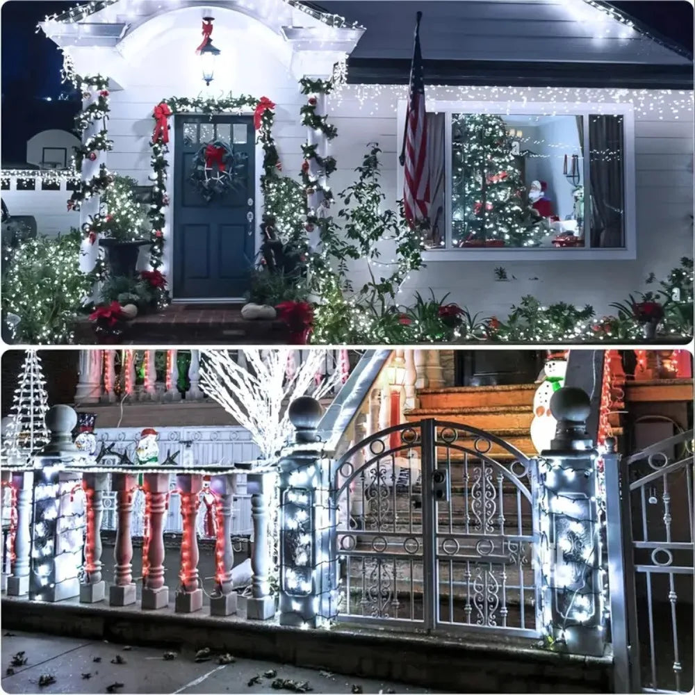 Outdoor string lights illuminating a decorated front door and porch with festive greenery.