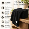 A stack of black microfiber cleaning cloths is shown on a wooden surface, highlighting their features for various cleaning ta