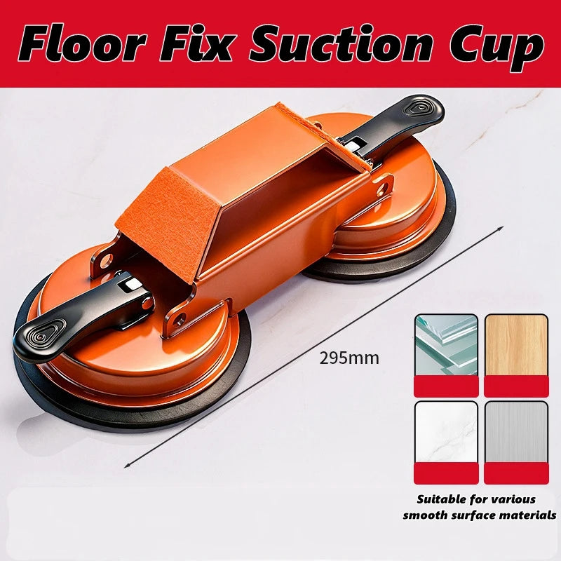 An orange floor fix suction cup tool is shown on a white surface, demonstrating its use for various smooth surfaces.