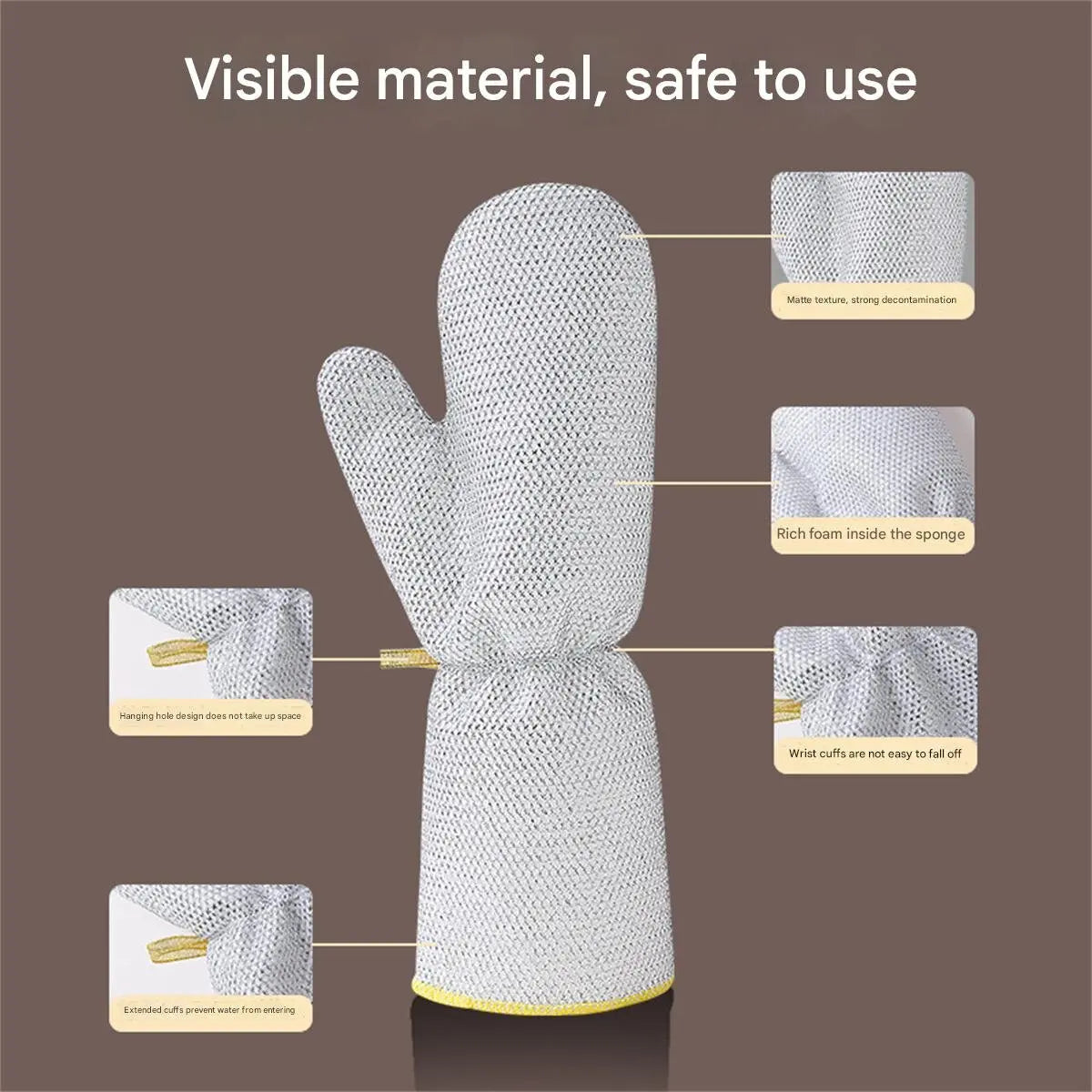 White steel-wire dishwashing gloves shown with close-ups detailing the material and extended cuff features.
