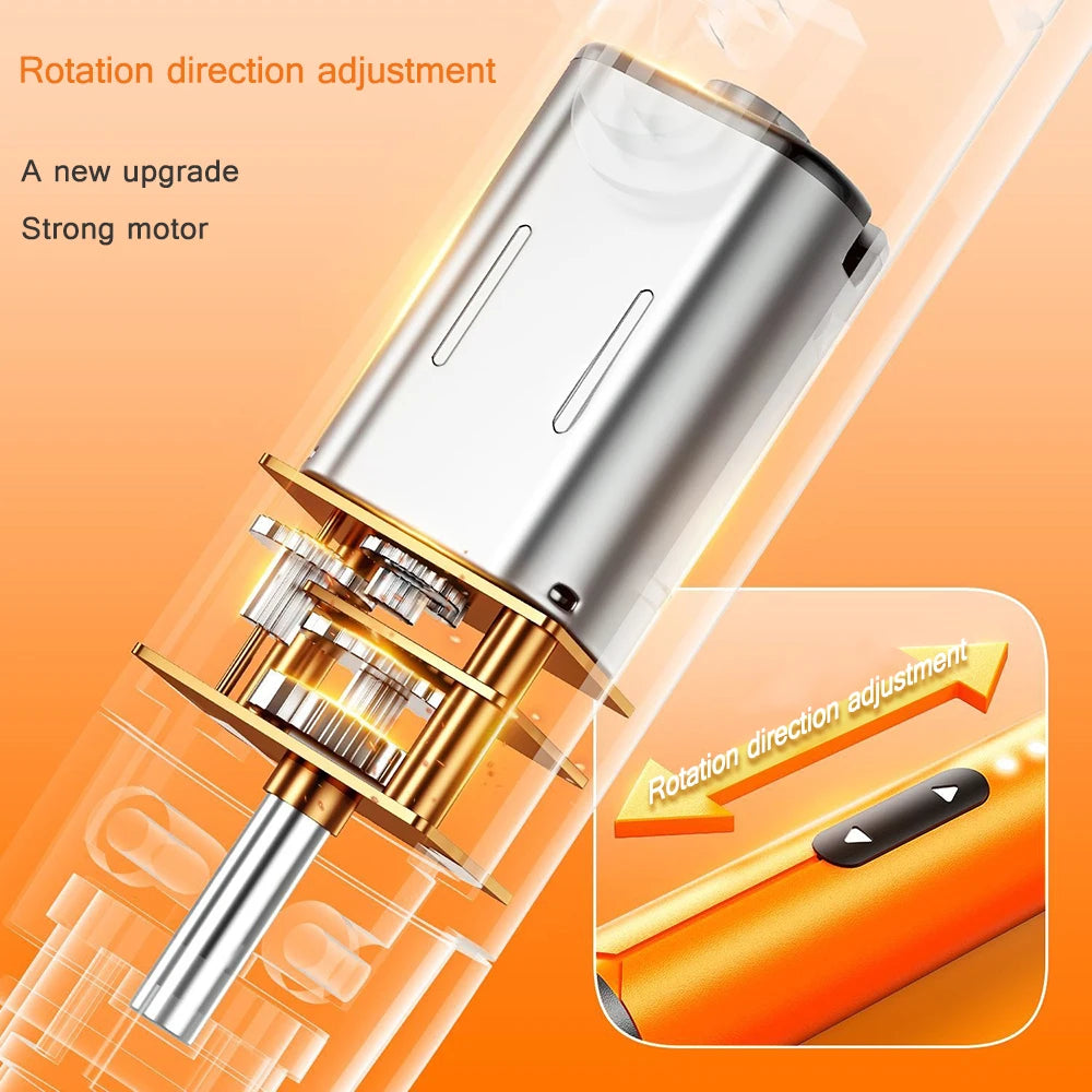 Close-up view of a silver electric screwdriver with a rotation direction adjustment feature.