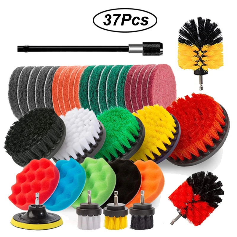 A set of 37 drill brush attachments including various sizes and colors for deep cleaning