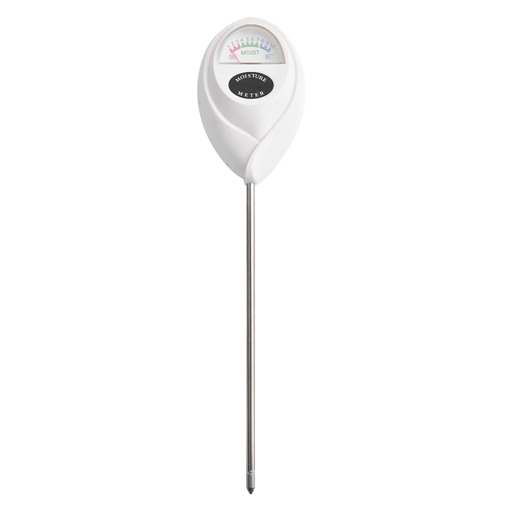 A white soil moisture meter with a metal probe and a digital display.