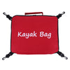Red waterproof kayak bag with black straps and a red handle