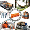 An aluminum alloy tent rope tensioner with a reflective cord is shown alongside various storage items and a pickup truck.