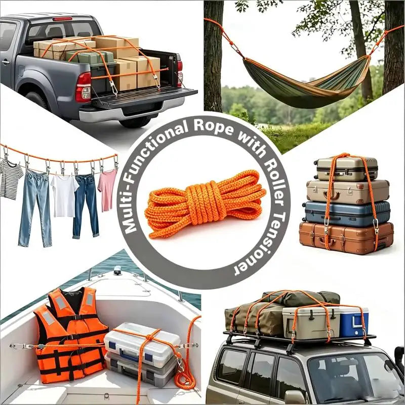 An aluminum alloy tent rope tensioner with a reflective cord is shown alongside various storage items and a pickup truck.