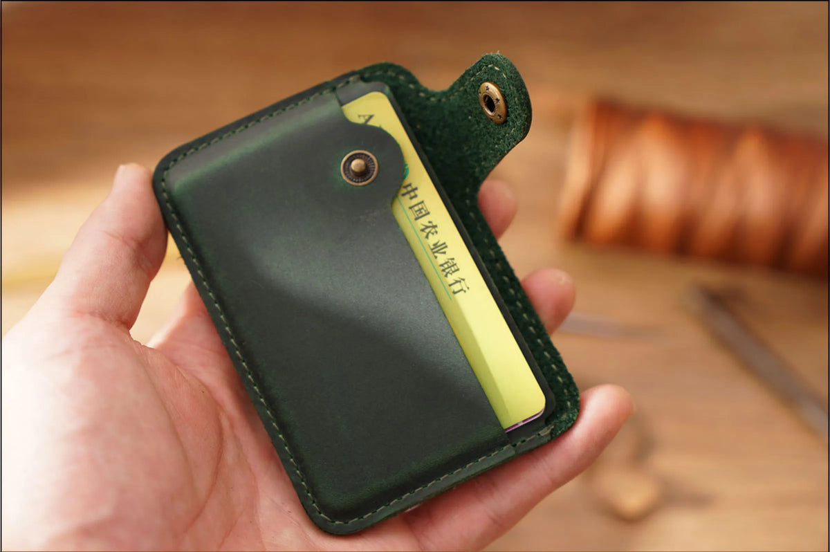 Vintage Leather Slim Card Holder with Snap Closure