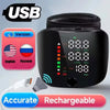 Black portable automatic wrist blood pressure monitor with display and rechargeable battery