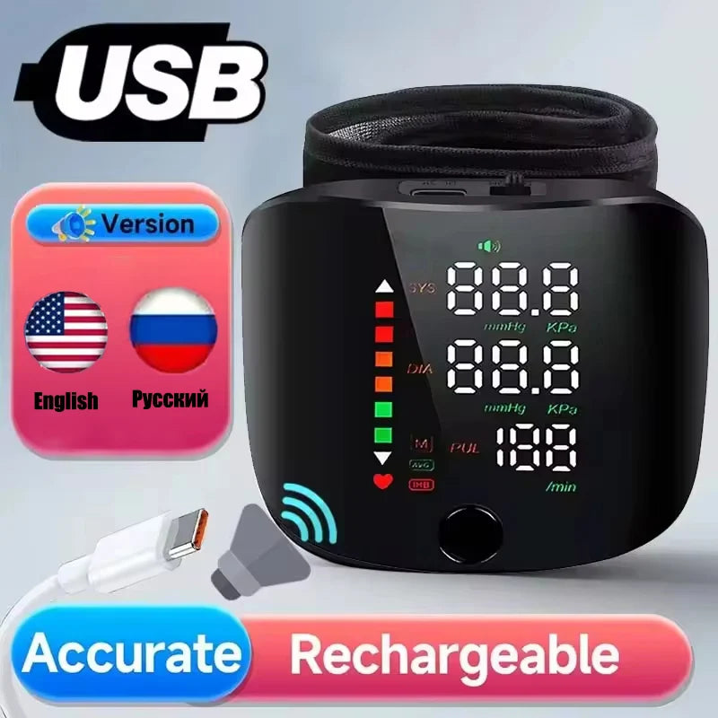Black portable automatic wrist blood pressure monitor with display and rechargeable battery