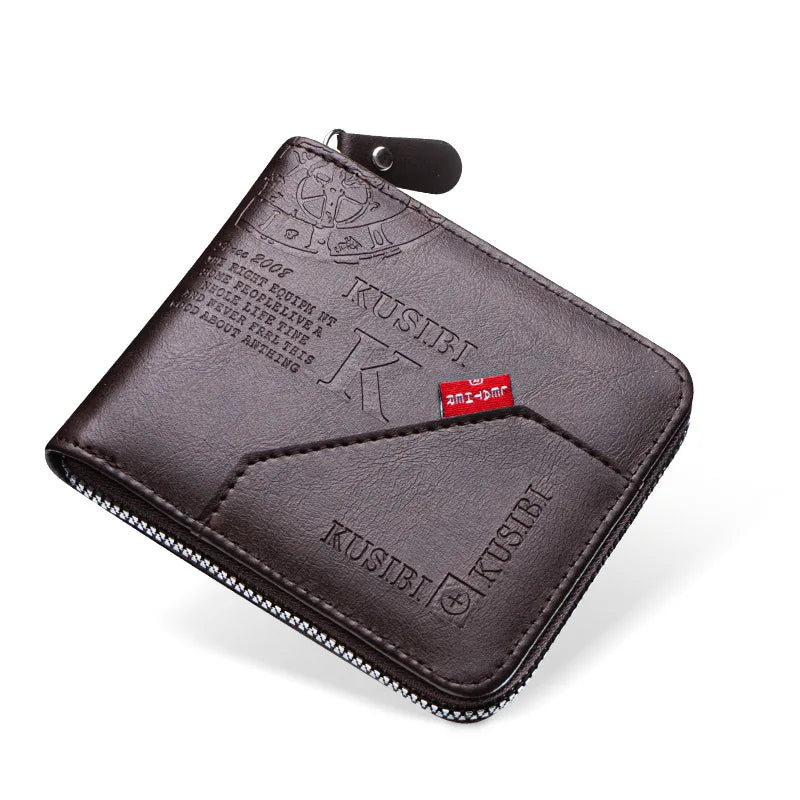 A dark brown vintage PU leather zipper wallet with a coin pocket and a leather strap.