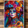 Vibrant floral sugar skull jigsaw puzzle featuring a woman with colorful face paint and elaborate floral hair