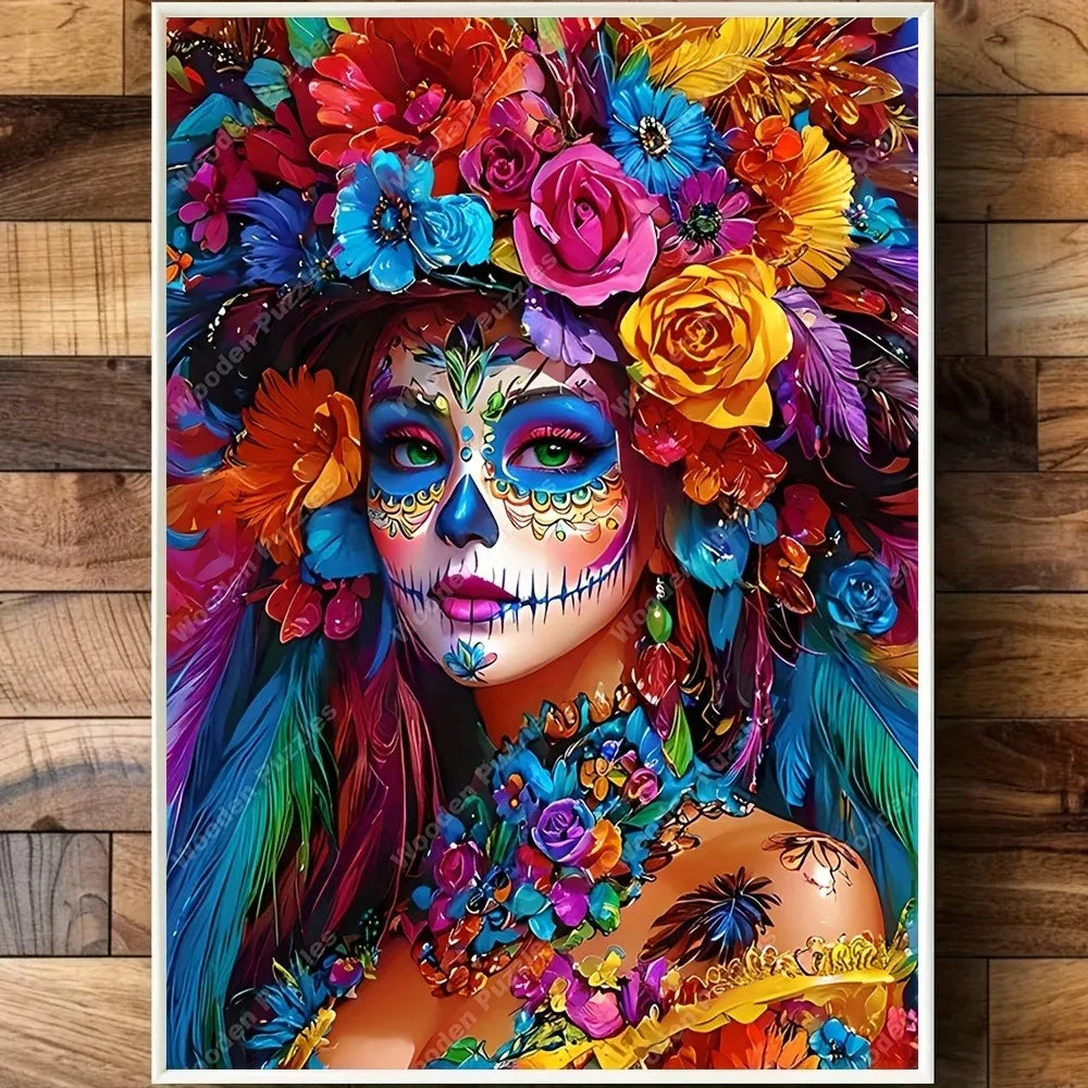 Vibrant floral sugar skull jigsaw puzzle featuring a woman with colorful face paint and elaborate floral hair