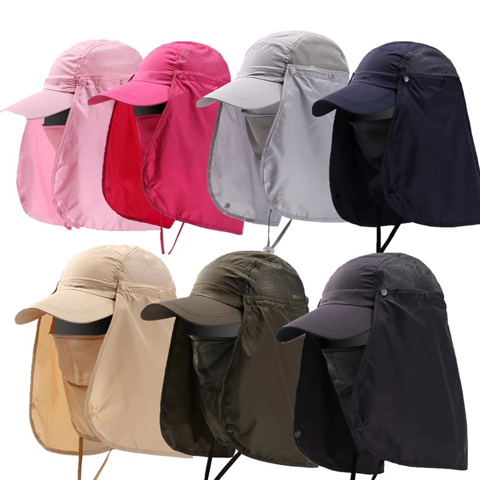 A collection of breathable wide brim sun hats in various colors including pink, red, gray, and black.