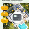 Diagram showing an irrigation system layout with numbered zones and features like zones control, watering frequencies, custom